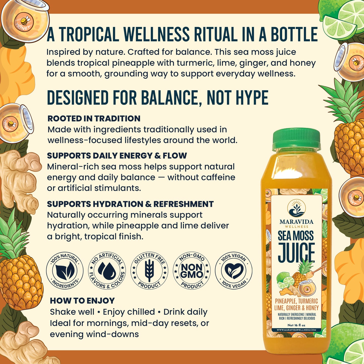 Maravida Wellness Sea Moss Juice – Pineapple, Turmeric, Lime, Ginger & Honey (4 Pack)