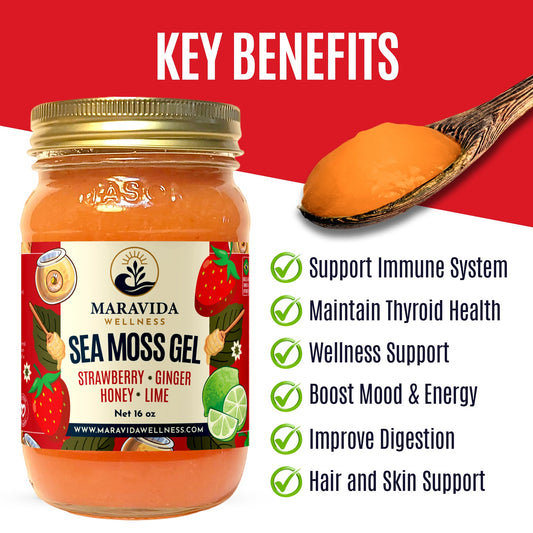 Sea Moss Gel – Strawberry, Ginger, Honey & Lime | 100% Wildcrafted Irish Sea Moss | Natural Energy, Immunity & Digestion Support – 16 oz