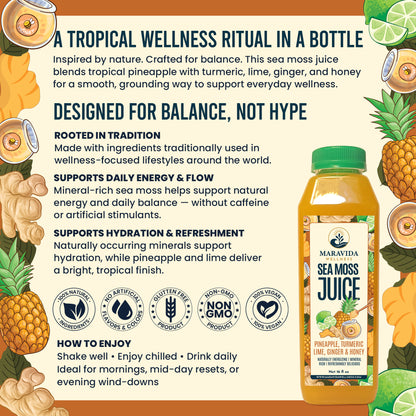 Maravida Wellness Sea Moss Juice – Pineapple, Turmeric, Lime, Ginger & Honey (4 Pack)