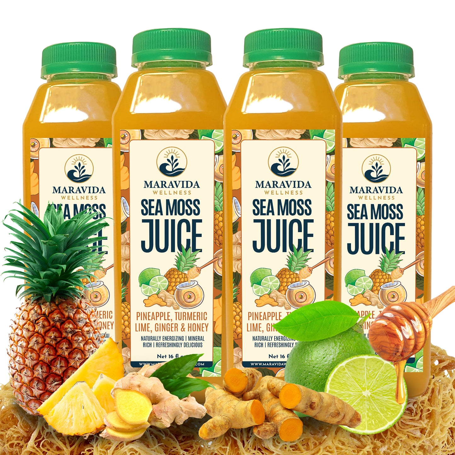 Maravida Wellness Sea Moss Juice – Pineapple, Turmeric, Lime, Ginger & Honey (4 Pack)