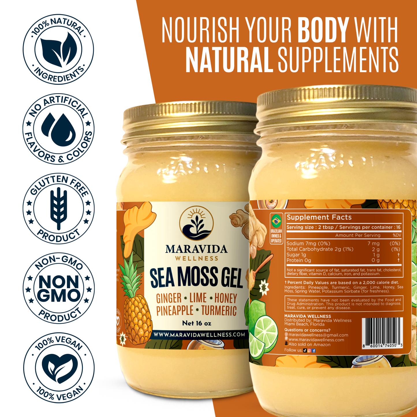 Sea Moss Gel – Ginger, Lime, Honey, Pineapple & Turmeric – 100% Natural Raw Organic Irish Moss – 16oz Jar – Premium Superfood for Everyday Wellness
