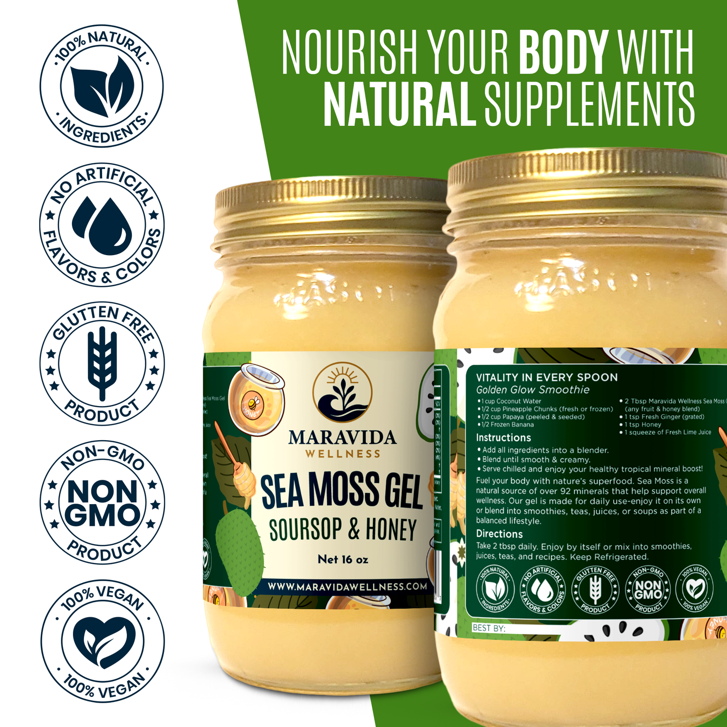 Sea Moss Gel with Soursop & Honey, Natural Wellness Supplement, 16 oz, 100% Natural, Vegan, Non-GMO, Gluten Free