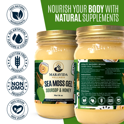 Sea Moss Gel with Soursop & Honey, Natural Wellness Supplement, 16 oz, 100% Natural, Vegan, Non-GMO, Gluten Free