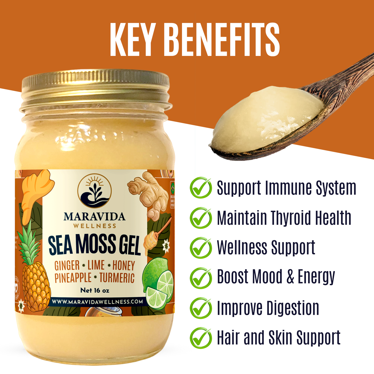 Sea Moss Gel – Ginger, Lime, Honey, Pineapple & Turmeric – 100% Natural Raw Organic Irish Moss – 16oz Jar – Premium Superfood for Everyday Wellness