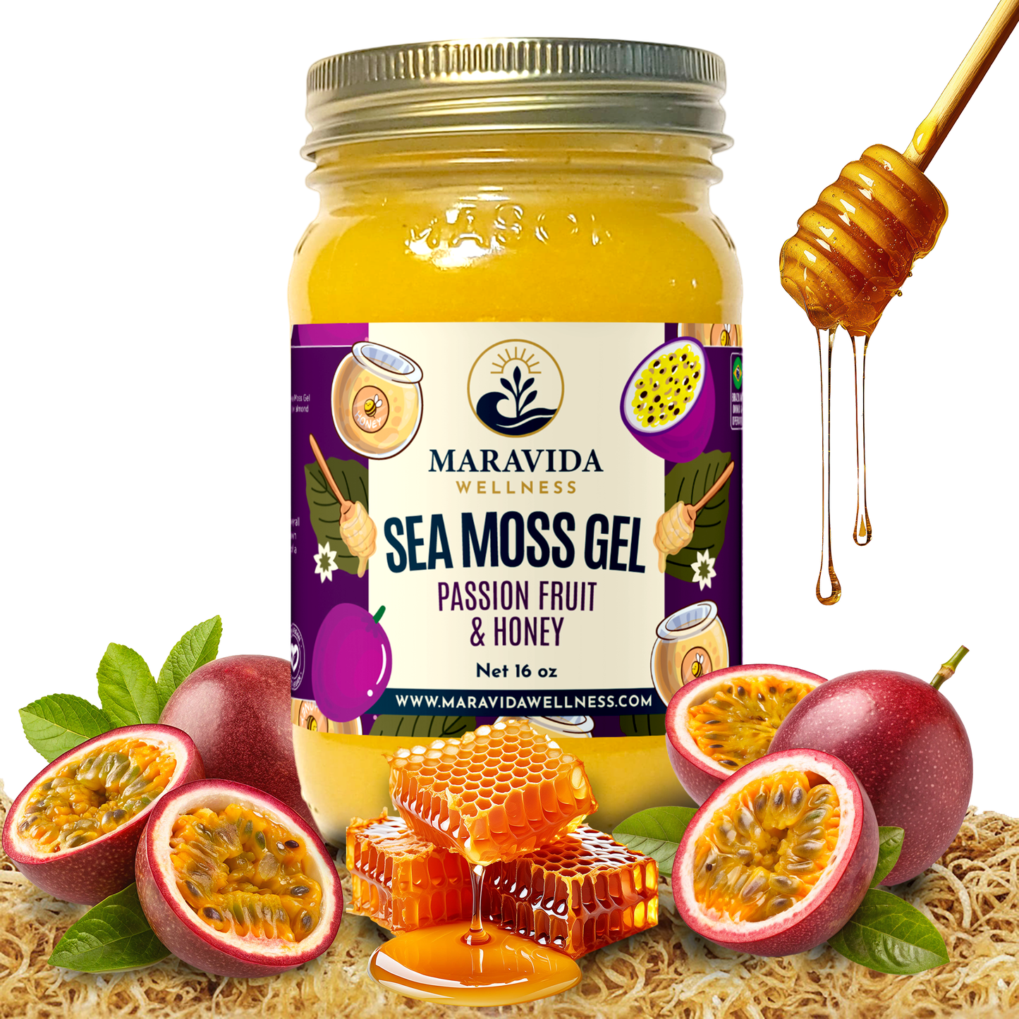 Sea Moss Gel – Passion Fruit & Honey – 16 oz | Organic Wildcrafted Sea Moss | Rich in 92 Essential Minerals | Natural Energy, Immunity & Gut Support