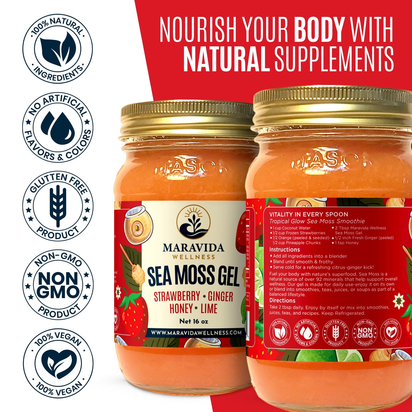 Sea Moss Gel – Strawberry, Ginger, Honey & Lime | 100% Wildcrafted Irish Sea Moss | Natural Energy, Immunity & Digestion Support – 16 oz